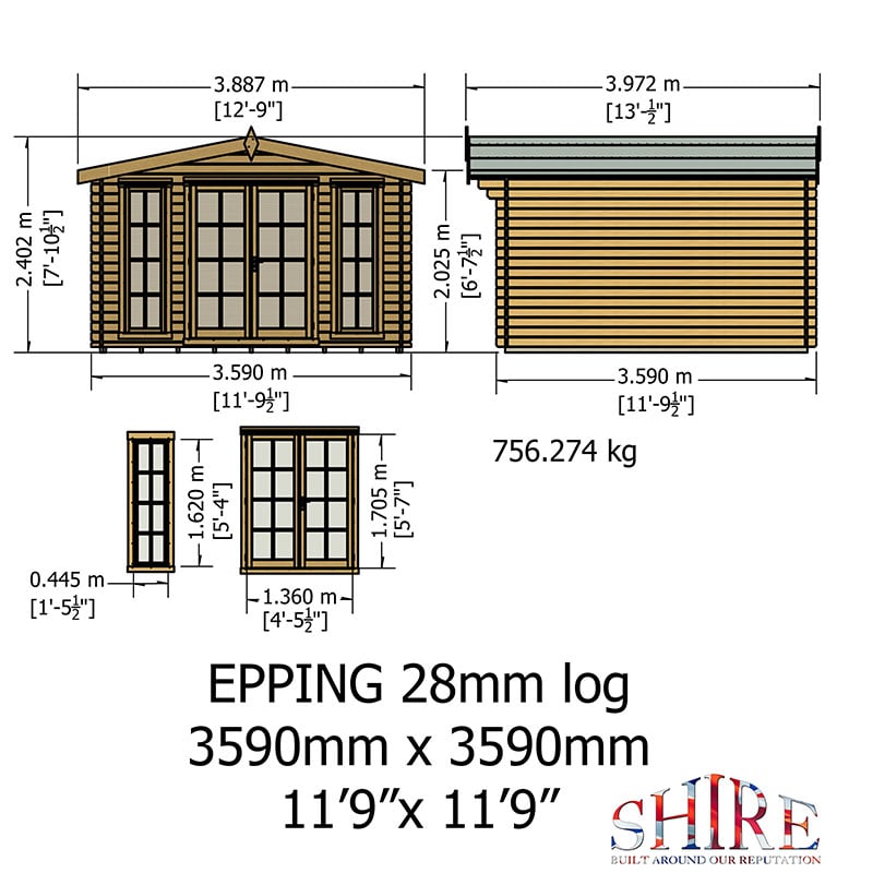 Shire Epping 3.6m x 3.6m Log Cabin Summerhouse (28mm) Technical Drawing