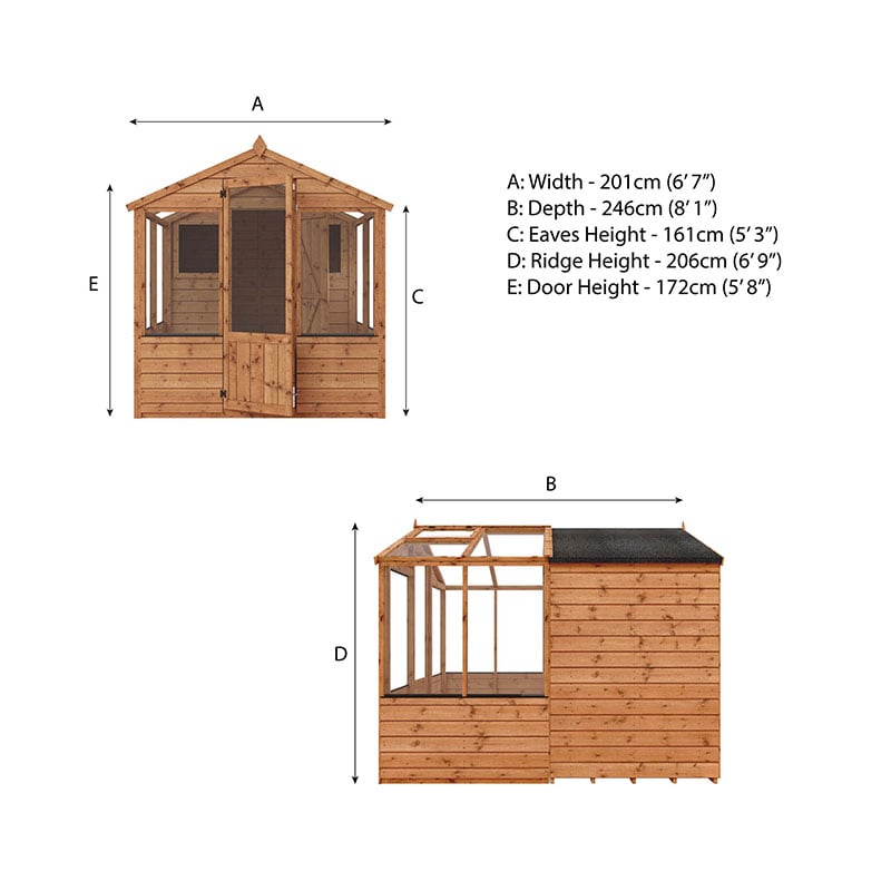 8'x6' (2.4x1.8m) Mercia Shiplap Wooden Apex Greenhouse Combi Shed Technical Drawing