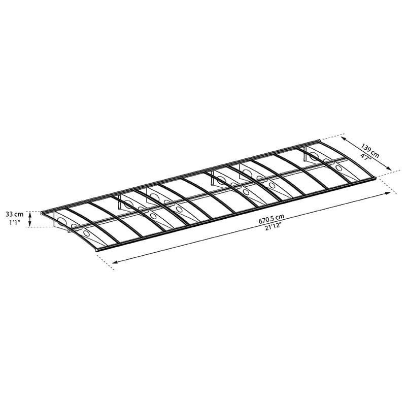 22’ x 4’7 Palram Canopia Herald 6690 Grey Mist Large Door Canopy (6.71m x 1.39m) Technical Drawing