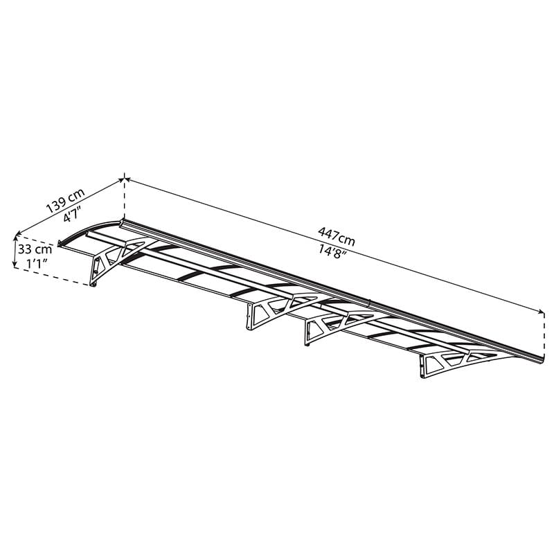 14’8 x 4’7 Palram Canopia Amsterdam 4460 Grey Clear Large Door Canopy (4.47m x 1.39m) Technical Drawing