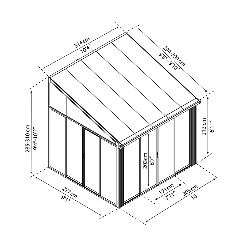 10' x 10' Palram Canopia SanRemo Grey Lean-To Conservatory (3.05m x 3.05m) Technical Drawing