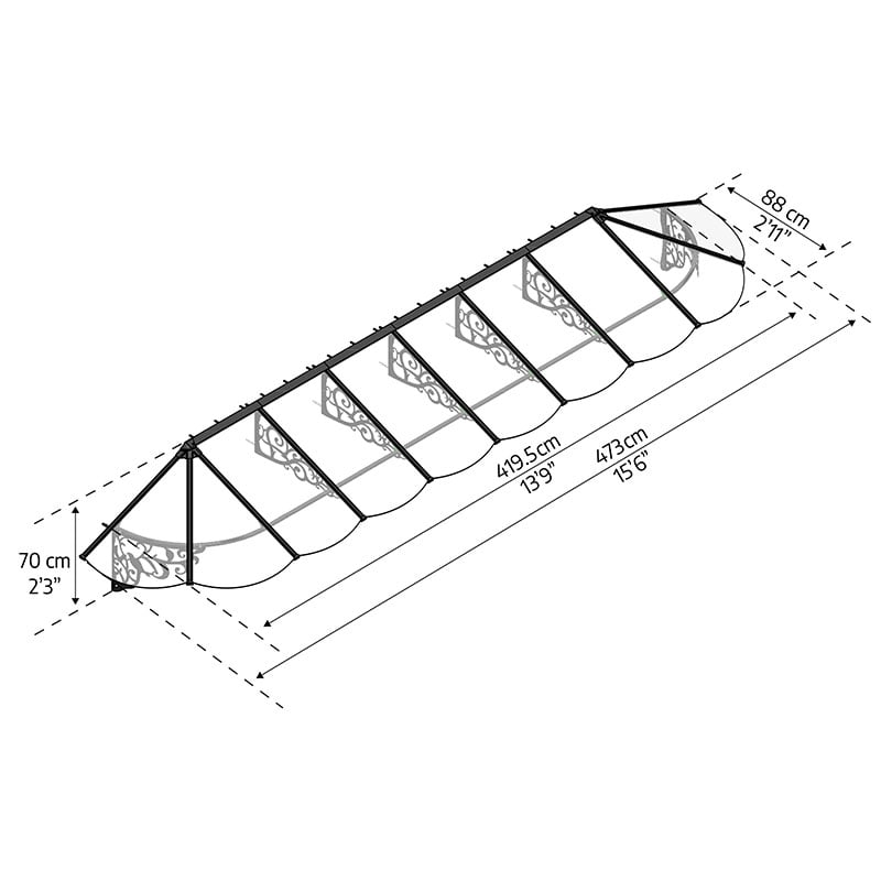 15’6 x 2’11 Palram Canopia Lily 4700 Black Clear Large Door Canopy (4.73m x 0.88m) Technical Drawing