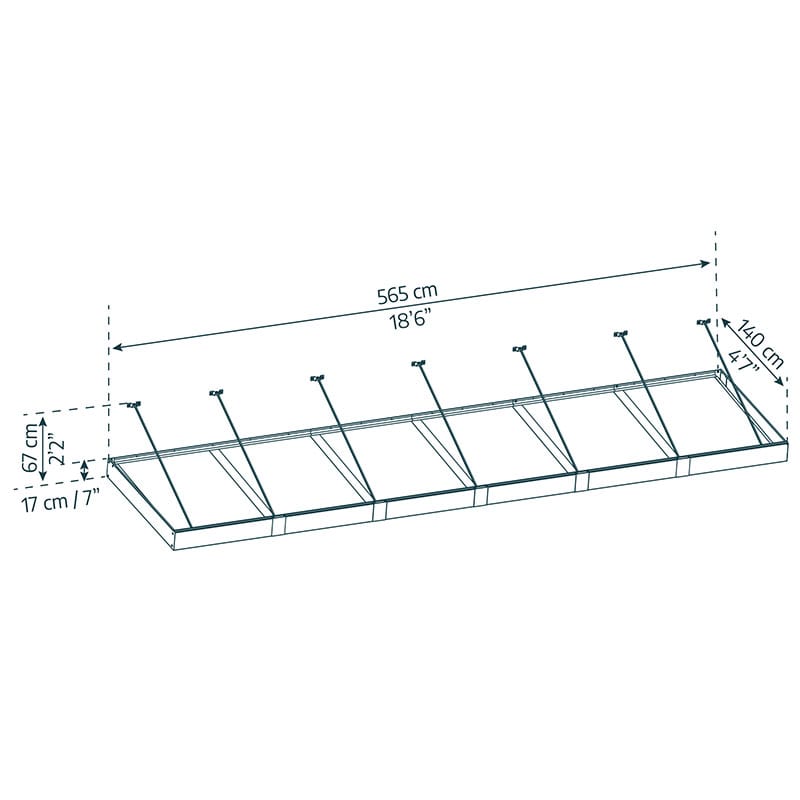 18’6 x 4’7 Palram Canopia Sophia XL 6000 Grey Clear Door Canopy (5.65m x 1.4m) Technical Drawing