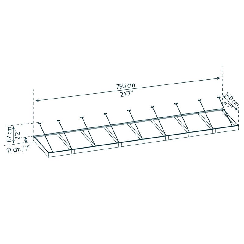 24’7 x 4’7 Palram Canopia Sophia XL 8000 Grey Clear Door Canopy (7.5m x 1.4m) Technical Drawing