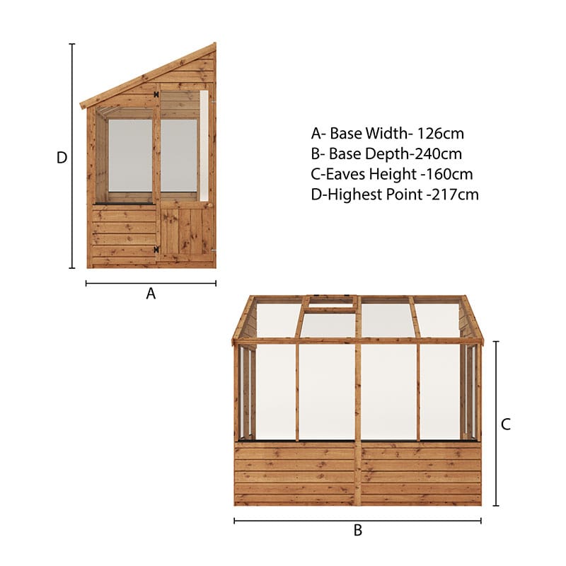 8' x 4' Mercia Shiplap Wooden Lean To Greenhouse (2.4m x 1.3m) Technical Drawing