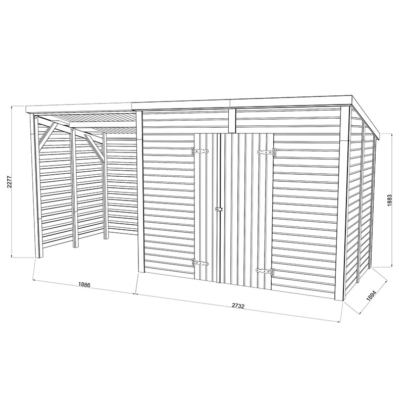 16' x 6' Palmako Leif Heavy Duty Wooden Shed with Bike Shelter (4.7m x 1.9m) Technical Drawing