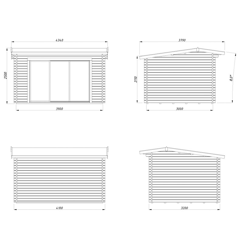 Palmako Ines 4.3m x 3.8m Double Glazed Log Cabin Garden Office Sliding Doors Plus (44mm) Technical Drawing