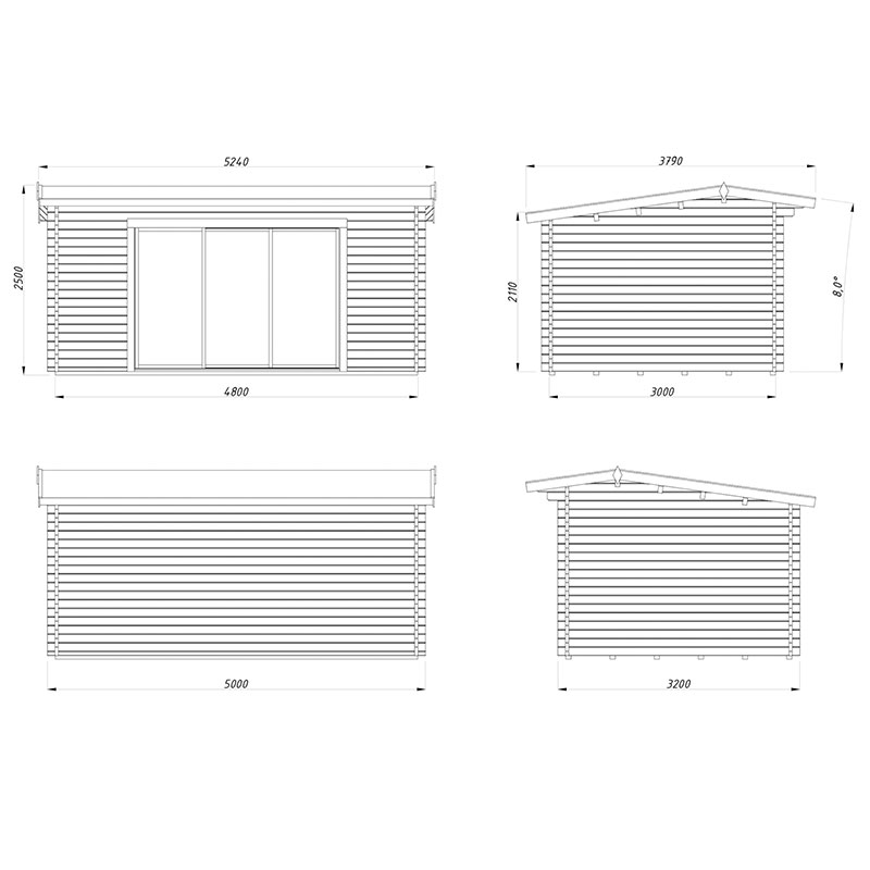 Palmako Ines 5.2m x 3.8m Double Glazed Log Cabin Garden Office Sliding Doors Plus (44mm) Technical Drawing