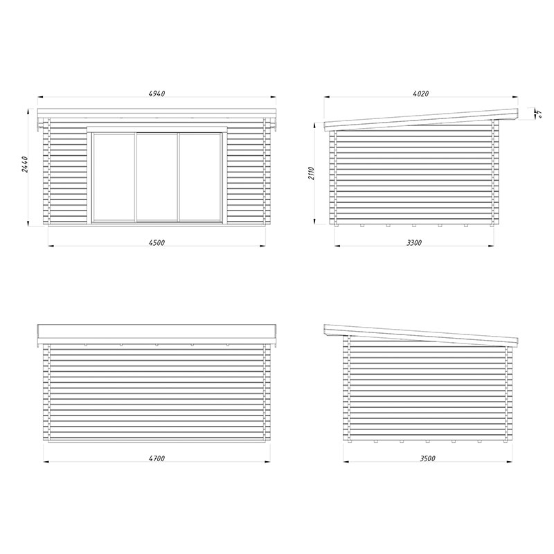 Palmako Lea 4.9m x 4m Log Cabin Garden Office Sliding Doors (44mm) Technical Drawing