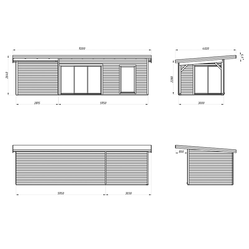 Palmako Andrea 9.2m x 4m Contemporary Log Cabin with Gazebo Sliding Doors (44mm) Technical Drawing