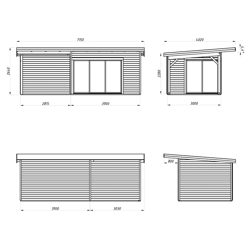 Palmako Andrea 7.2m x 4m Contemporary Log Cabin with Gazebo Sliding Doors (44mm) Technical Drawing
