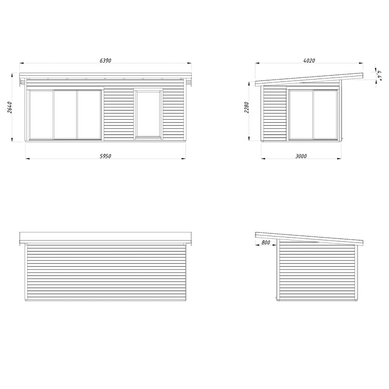 Palmako Andrea 6.4m x 4m Contemporary Log Cabin Sliding Doors (44mm) Technical Drawing