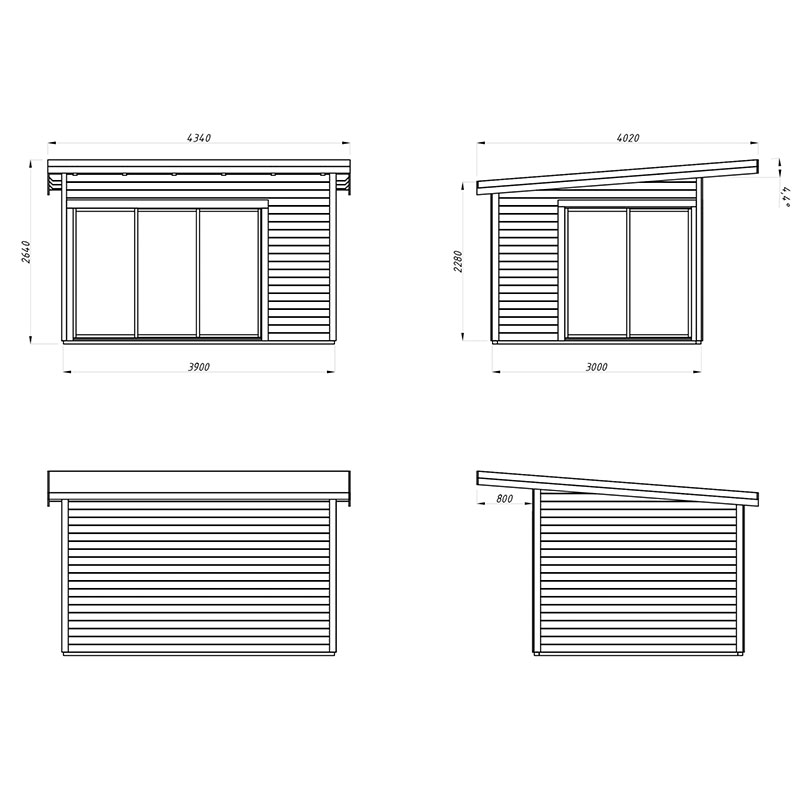 Palmako Andrea 4.3m x 4m Contemporary Log Cabin Sliding Doors (44mm) Technical Drawing