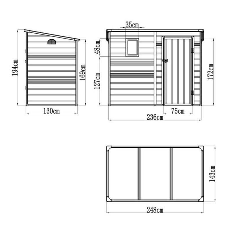 8' x 4' Lotus Oxonia Pent Plastic Shed with Floor (2.36m x 1.3m) Technical Drawing