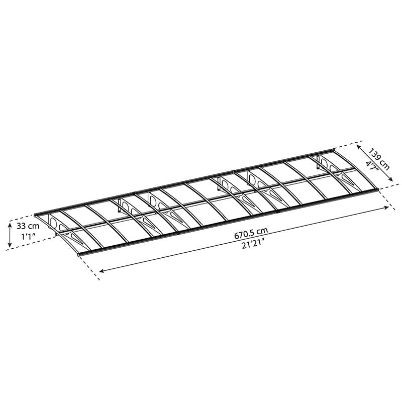 22’ x 4’7 Palram Canopia Bordeaux 6690 White Clear Large Door Canopy (6.71m x 1.39m) Technical Drawing