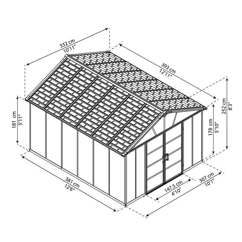 11' x 13.1' Palram Canopia Yukon Dark Grey Skylight Plastic Shed (3.32m x 3.93m) Technical Drawing