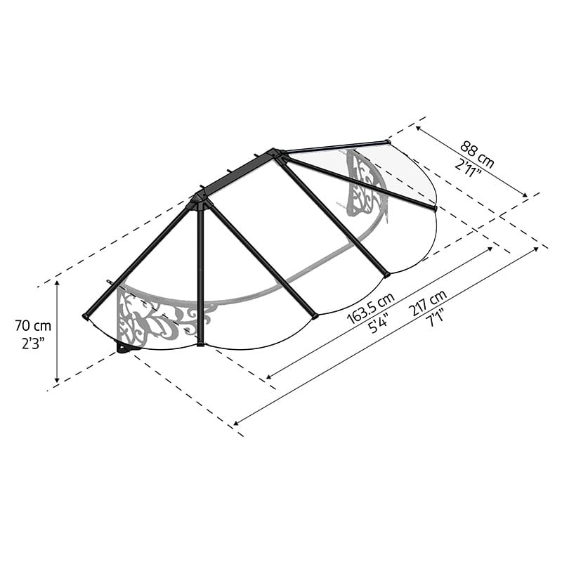 7’1 x 2’11 Palram Canopia Lily 2130 Black Clear Door Canopy (2.16m x 0.88m) Technical Drawing