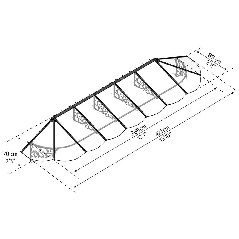 13’10 x 2’11 Palram Canopia Lily 4100 Black Clear Large Door Canopy (4.21m x 0.88m) Technical Drawing
