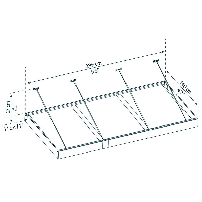 9’4 x 4’7 Palram Canopia Sophia XL 3000 Grey Clear Door Canopy (2.86m x 1.4m) Technical Drawing