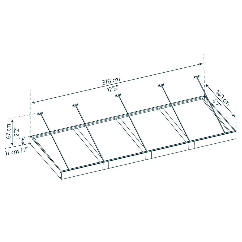 12’5 x 4’7 Palram Canopia Sophia XL 4000 Grey Clear Door Canopy (3.79m x 1.4m) Technical Drawing