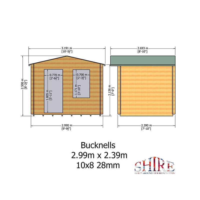 Shire Bucknells 3m x 2.4m Log Cabin Summerhouse (28mm) Technical Drawing