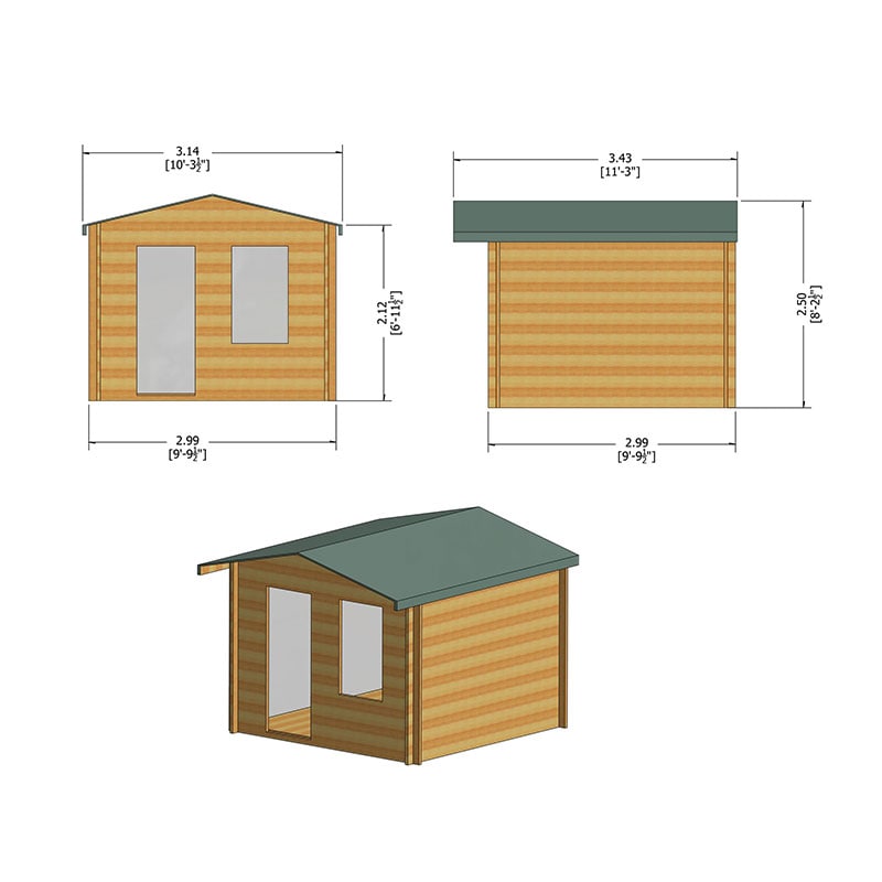 Shire Bucknells 3m x 3m Log Cabin Summerhouse (28mm) Technical Drawing