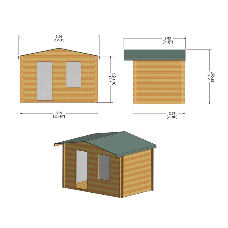 Shire Bucknells 3.6m x 2.4m Log Cabin Summerhouse (28mm) Technical Drawing
