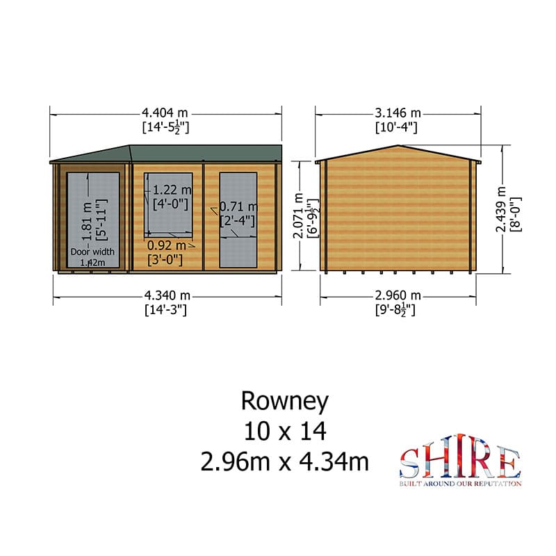 Shire Rowney 4.3m x 3m Corner Log Cabin Summerhouse with Side Shed (28mm) Technical Drawing