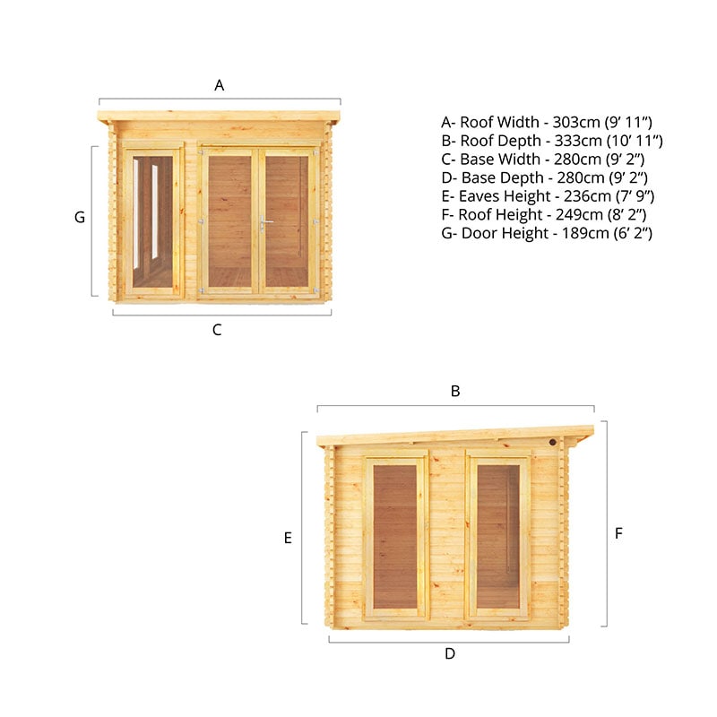 Mercia Studio 3m x 3m Double Glazed Pent Log Cabin (34mm) Technical Drawing
