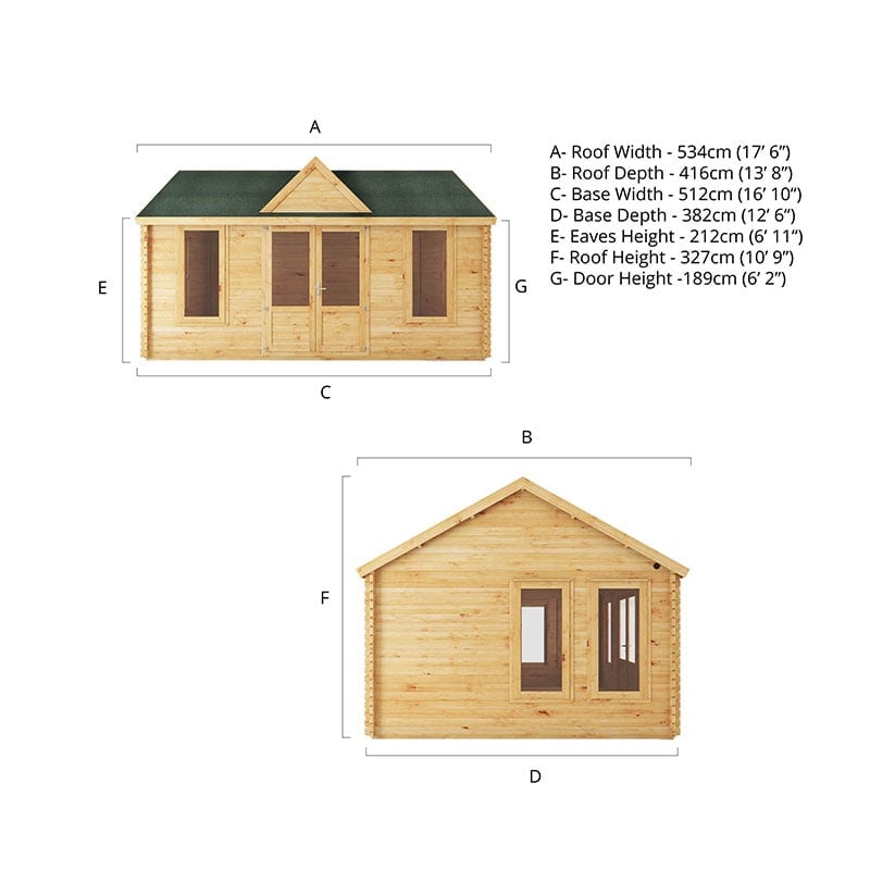 Mercia Clock Tower 5m x 4m Double Glazed Log Cabin (44mm) Technical Drawing
