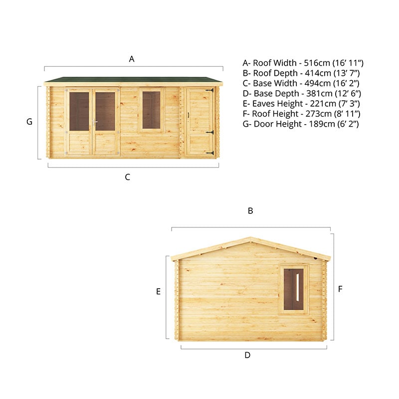 Mercia Elite 5m x 4m Double Glazed Garden Office Log Cabin with Side Shed (44mm) Technical Drawing
