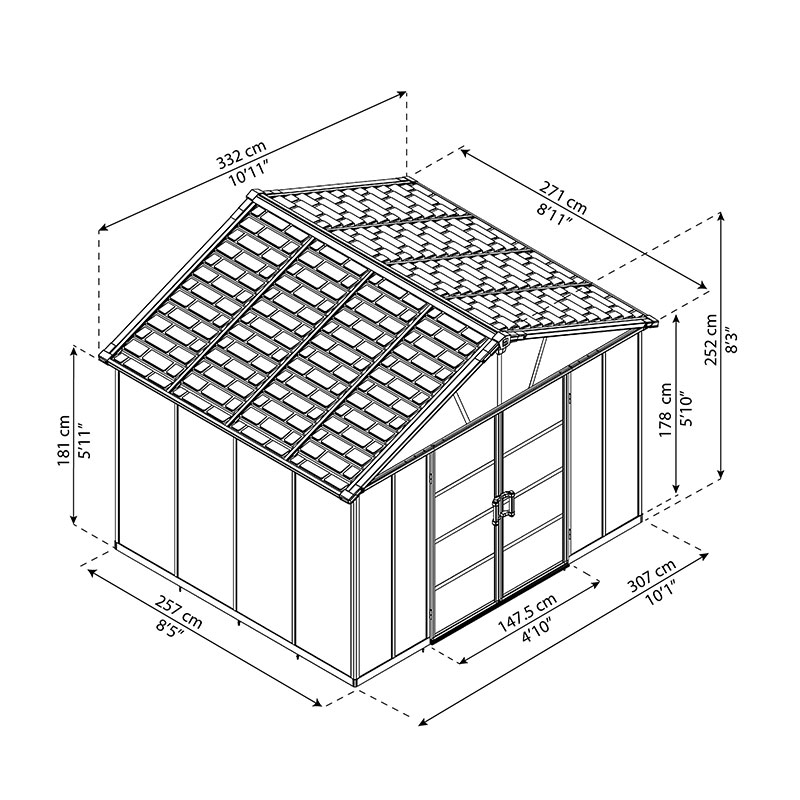 11' x 9' Palram Canopia Yukon Dark Grey Skylight Plastic Shed with WPC Floor (3.3m x 2.7m) Technical Drawing