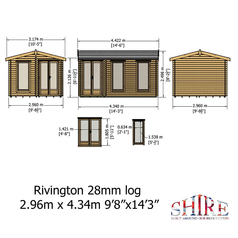 Shire Rivington 4.3m x 3m Corner Log Cabin (28mm) Technical Drawing