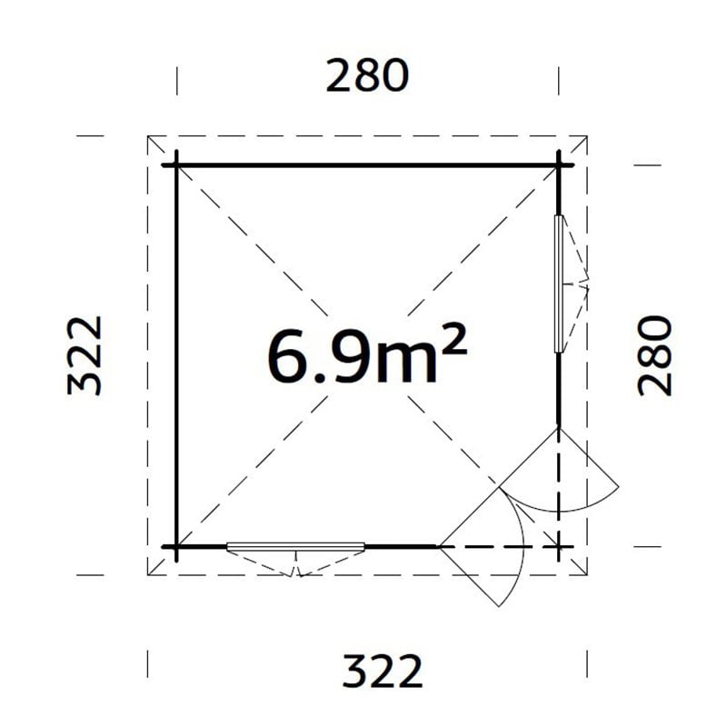 Palmako Melanie 2.8m x 2.8m Corner Log Cabin Summerhouse (28mm) Technical Drawing
