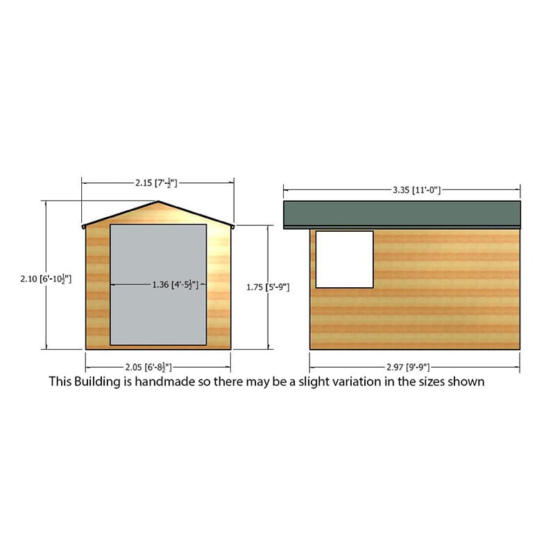 10' x 7' Shire Overlap Double Door Wooden Garden Shed with Opening Windows (3.35m x 2.2m) Technical Drawing