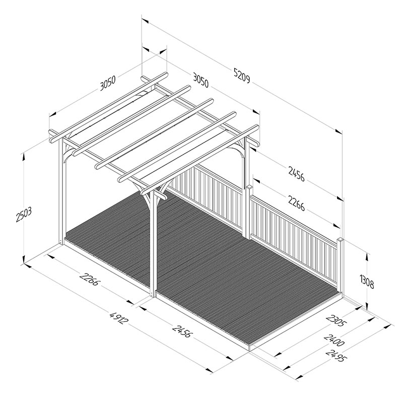8' x 16' Forest Pergola Deck Kit with Retractable Canopy No. 2 (2.4m x 4.8m) Technical Drawing