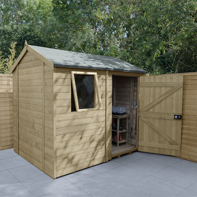 Product photograph of 8 X 6 Forest Timberdale 25yr Guarantee Tongue Groove Pressure Treated Reverse Apex Shed 2 47m X 1 98m from Buy Sheds Direct