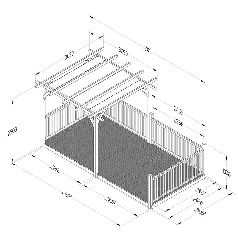 16' x 8' Forest Large Pergola Deck Kit with Retractable Canopy (4.88m x 2.44m) Technical Drawing