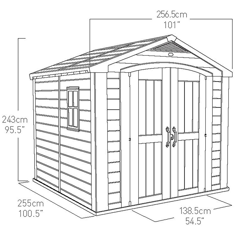 8' x 8' Keter Factor Plastic Garden Shed (2.57m x 2.55m) Technical Drawing