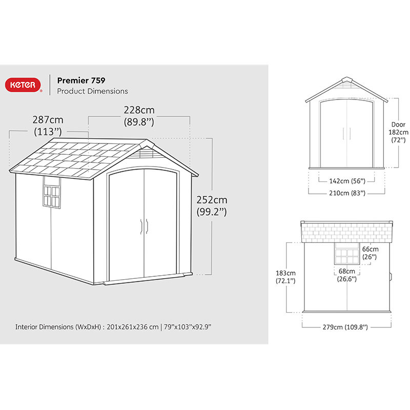 7' x 9' Keter Premier Plastic Garden Shed (2.28m x 2.87m) Technical Drawing