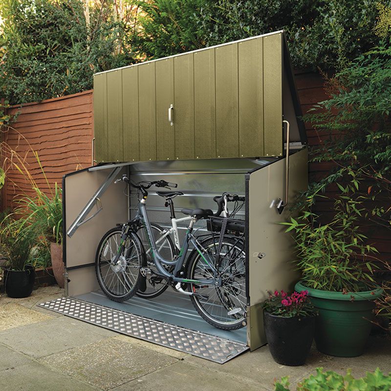 Product photograph of 6 4 X 2 9 Trimetals Ramped Metal Bike Shed - Green 1 95m X 0 88m from Buy Sheds Direct