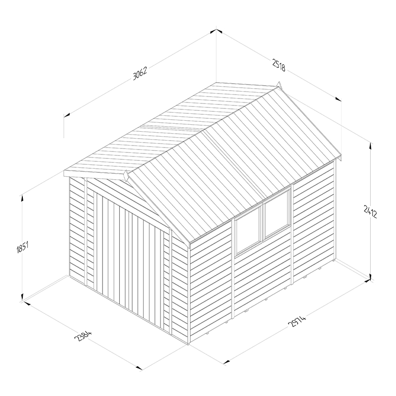 10' x 8' Forest Timberdale 25yr Guarantee Tongue & Groove Pressure Treated Double Door Apex Shed (3.06m x 2.52m) Technical Drawing