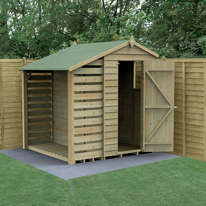 Product photograph of 6 X 4 Forest 4life 25yr Guarantee Overlap Pressure Treated Apex Wooden Shed With Lean To 1 88m X 2 01m from Buy Sheds Direct
