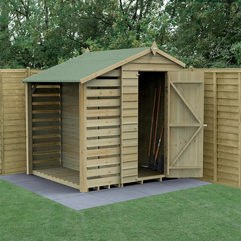 Product photograph of 6 X 4 Forest 4life 25yr Guarantee Overlap Pressure Treated Windowless Apex Wooden Shed With Lean To 1 88m X 2 01m from Buy Sheds Direct