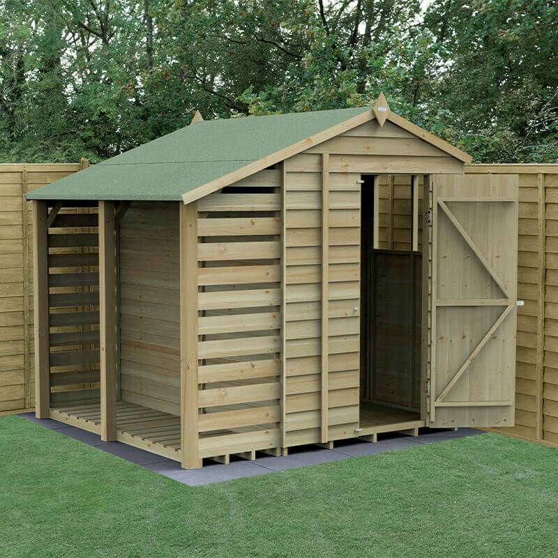 Product photograph of 7 X 5 Forest 4life 25yr Guarantee Overlap Pressure Treated Apex Wooden Shed With Lean To 2 18m X 2 3m from Buy Sheds Direct