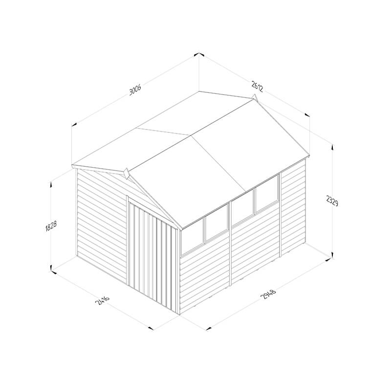 10' x 8' Forest 4Life 25yr Guarantee Overlap Pressure Treated Double Door Apex Wooden Shed (3.01m x 2.61m) Technical Drawing