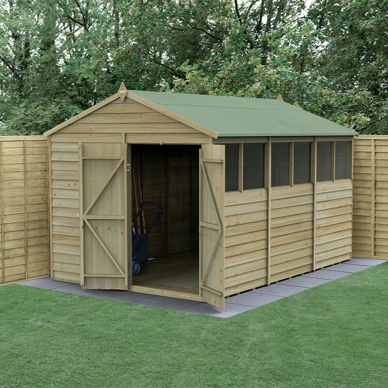 Product photograph of 12 X 8 Forest 4life 25yr Guarantee Overlap Pressure Treated Double Door Apex Wooden Shed 3 6m X 2 61m from Buy Sheds Direct
