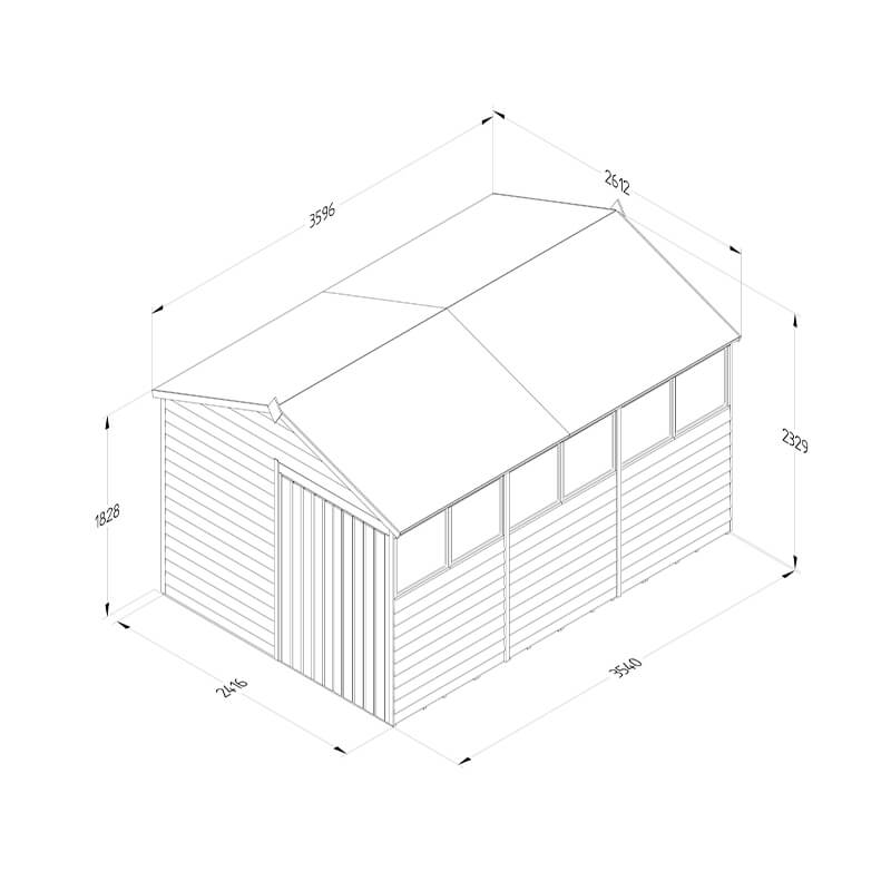 12' x 8' Forest 4Life 25yr Guarantee Overlap Pressure Treated Double Door Apex Wooden Shed (3.6m x 2.61m) Technical Drawing