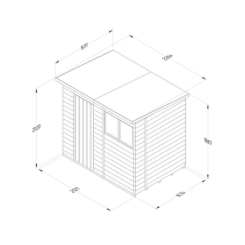 7' x 5' Forest 4Life 25yr Guarantee Overlap Pressure Treated Pent Wooden Shed (2.26m x 1.7m) Technical Drawing