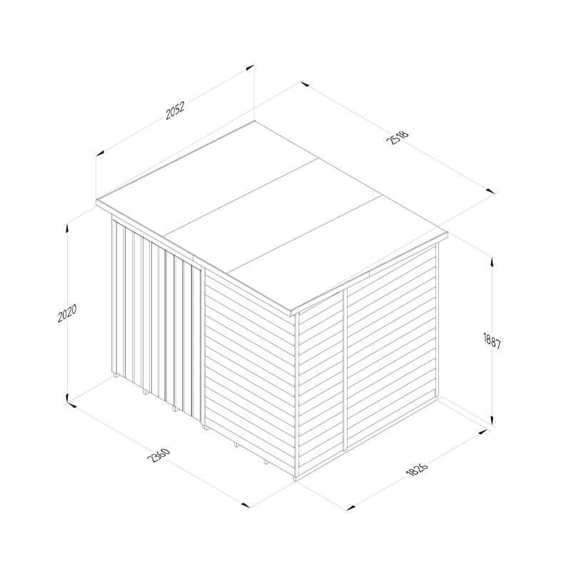 8' x 6' Forest 4Life 25yr Guarantee Overlap Pressure Treated Windowless Double Door Pent Wooden Shed (2.51m x 2.04m) Technical Drawing